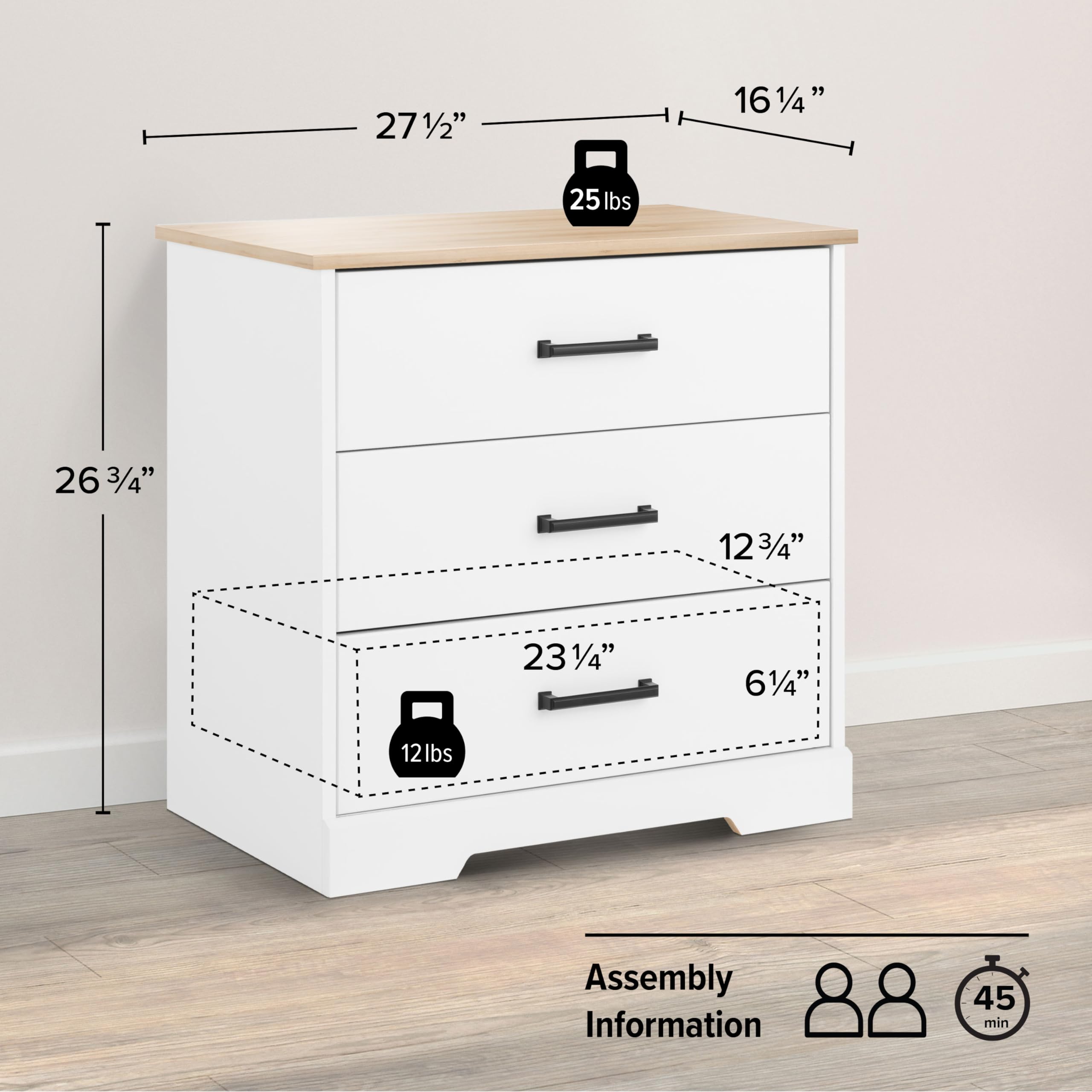 Prepac Rustic Ridge Farmhouse Nightstand Bedside Table, White And Oak Nightstand For Bedroom, End Table With 3 Drawers 16.25' D X 27.5' W X 26.75' H